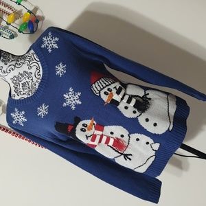 Snowmen in Scarves Ugly Christmas Sweater by Carolyn Taylor Blue XL